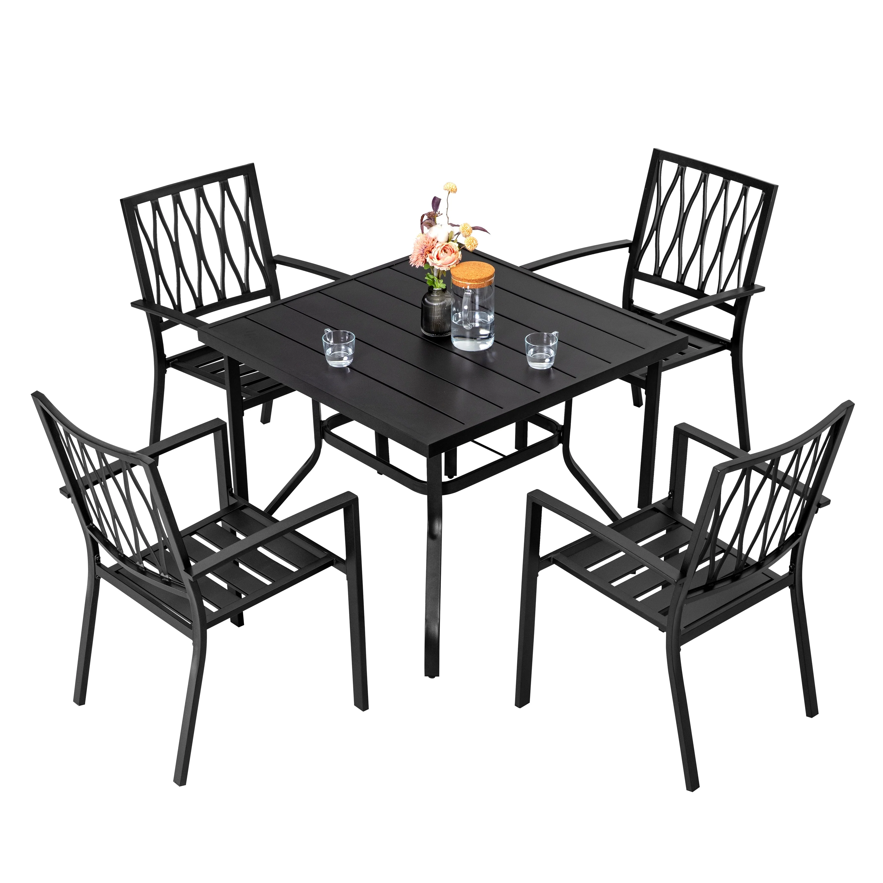 Outdoor 5-Piece Dining Set with Umbrella Hole, Black