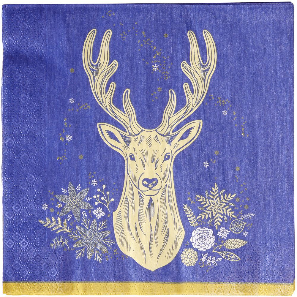 Serviette en papier bleu motif cerf doré x20