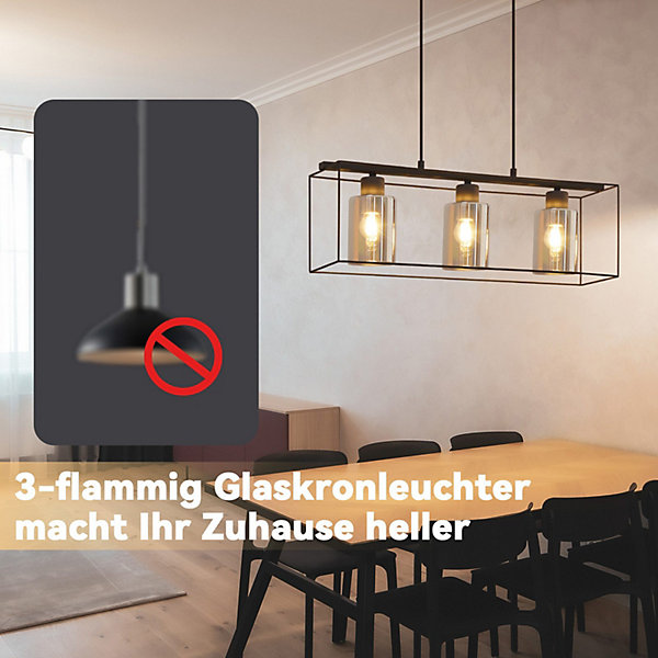 NETTLIFE Lampe à suspension noire 3 flammes en verre vintage E27 lampe à suspension réglable en hauteur