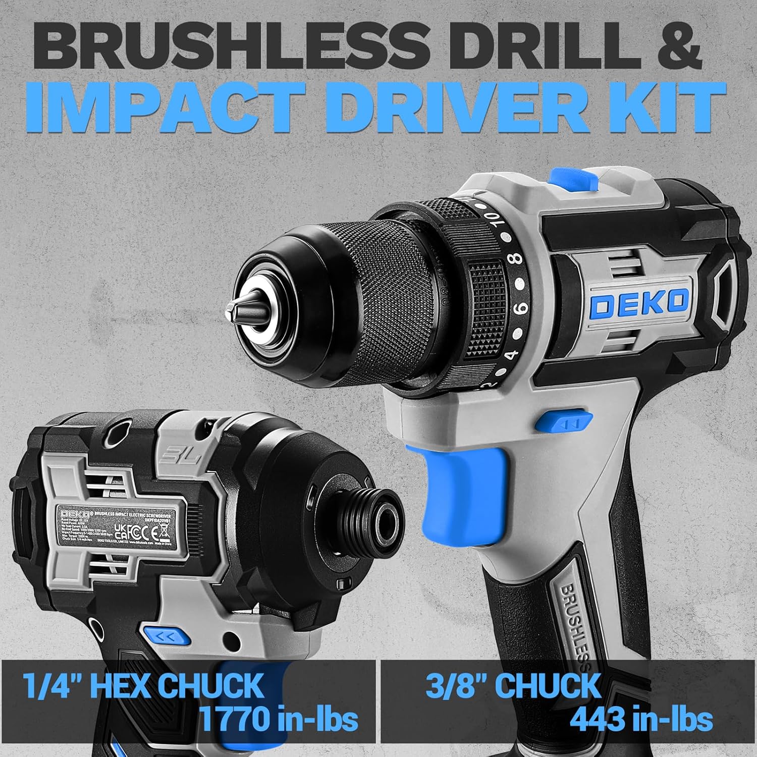 Cordless Drill & Impact Driver: DEKOPRO 20V Brushless Power Drill and 20V Brushless Impact Driver Set, Power Tool Set with 2 x 2.0Ah Batteries, Charger, Bag& 52 x Accessories-Blue