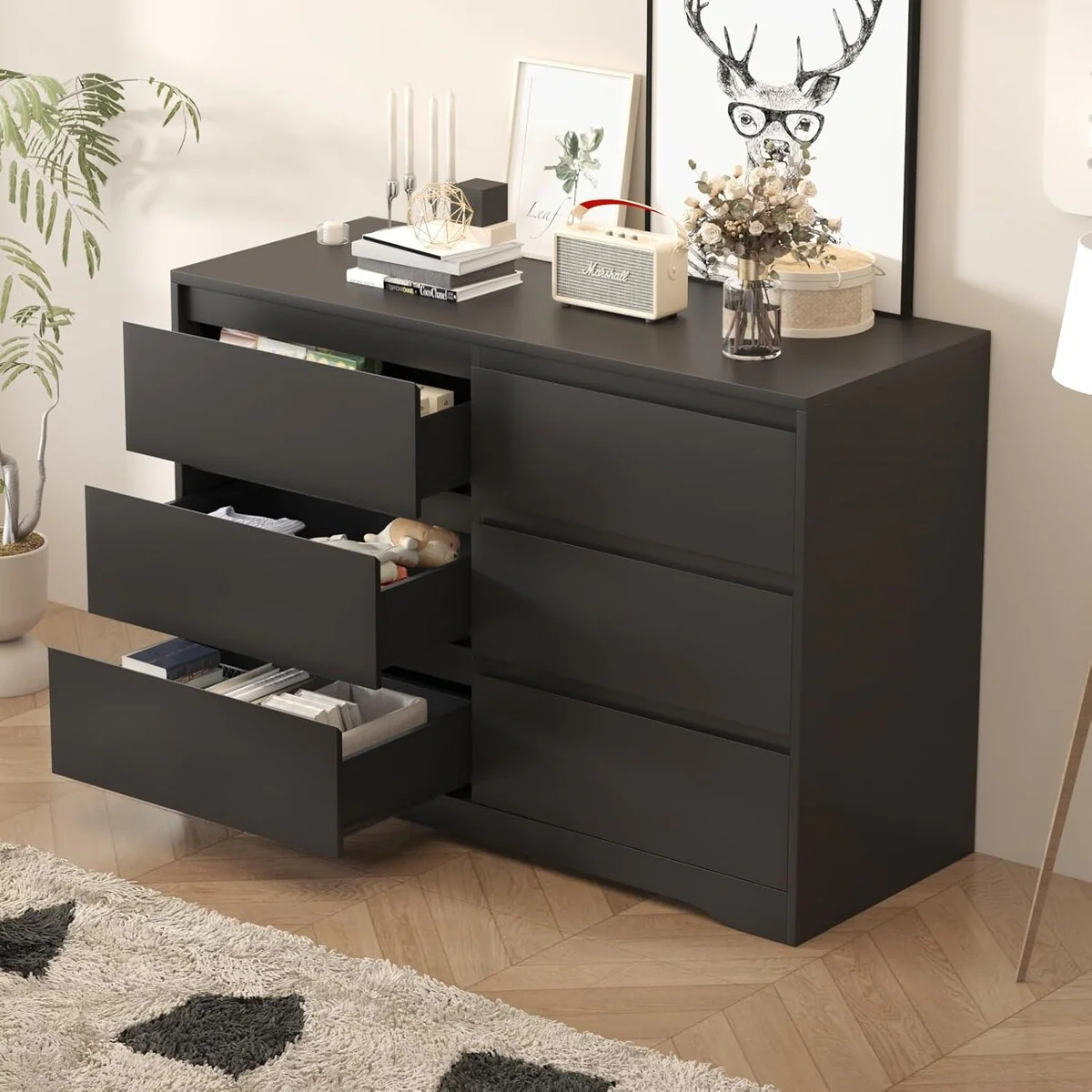 47.2'' W 6-Drawer Wooden Bedroom Double Dresser Chest of Drawers