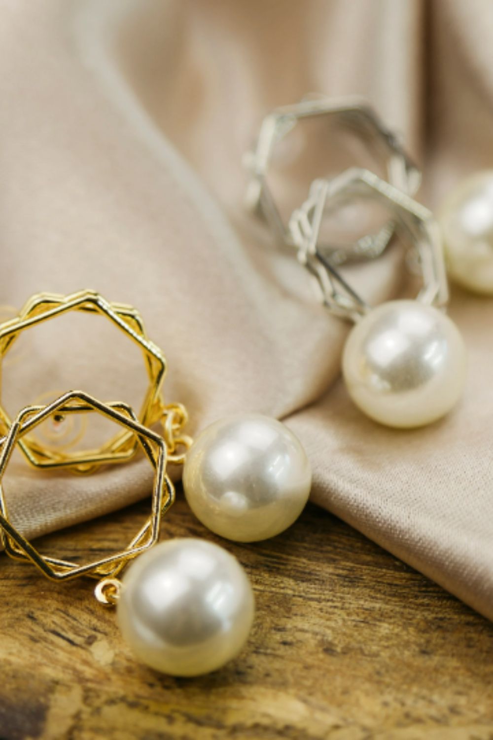 The Colourful Aura Gold Hexagon Freshwater White Pearl Drop Stud Earring