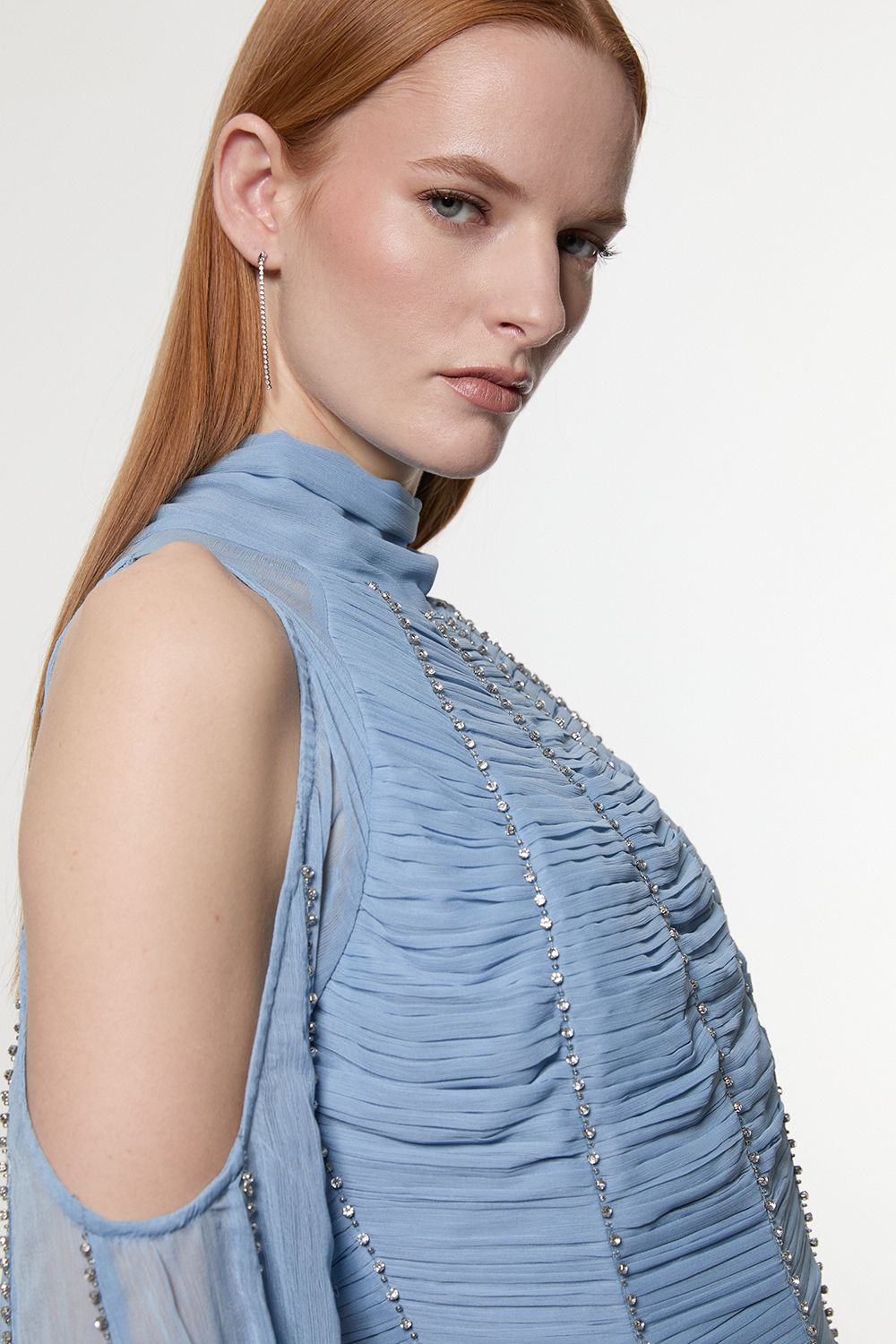 KarenMillen High Neck Embellished Ruched Georgette Woven Maxi Dress