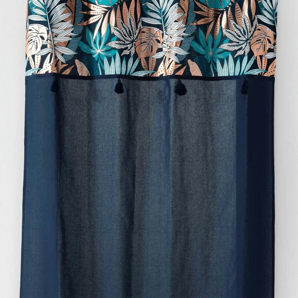 ALIANOR - Rideau uni top métallisé pompons bleu coton 140x240cm