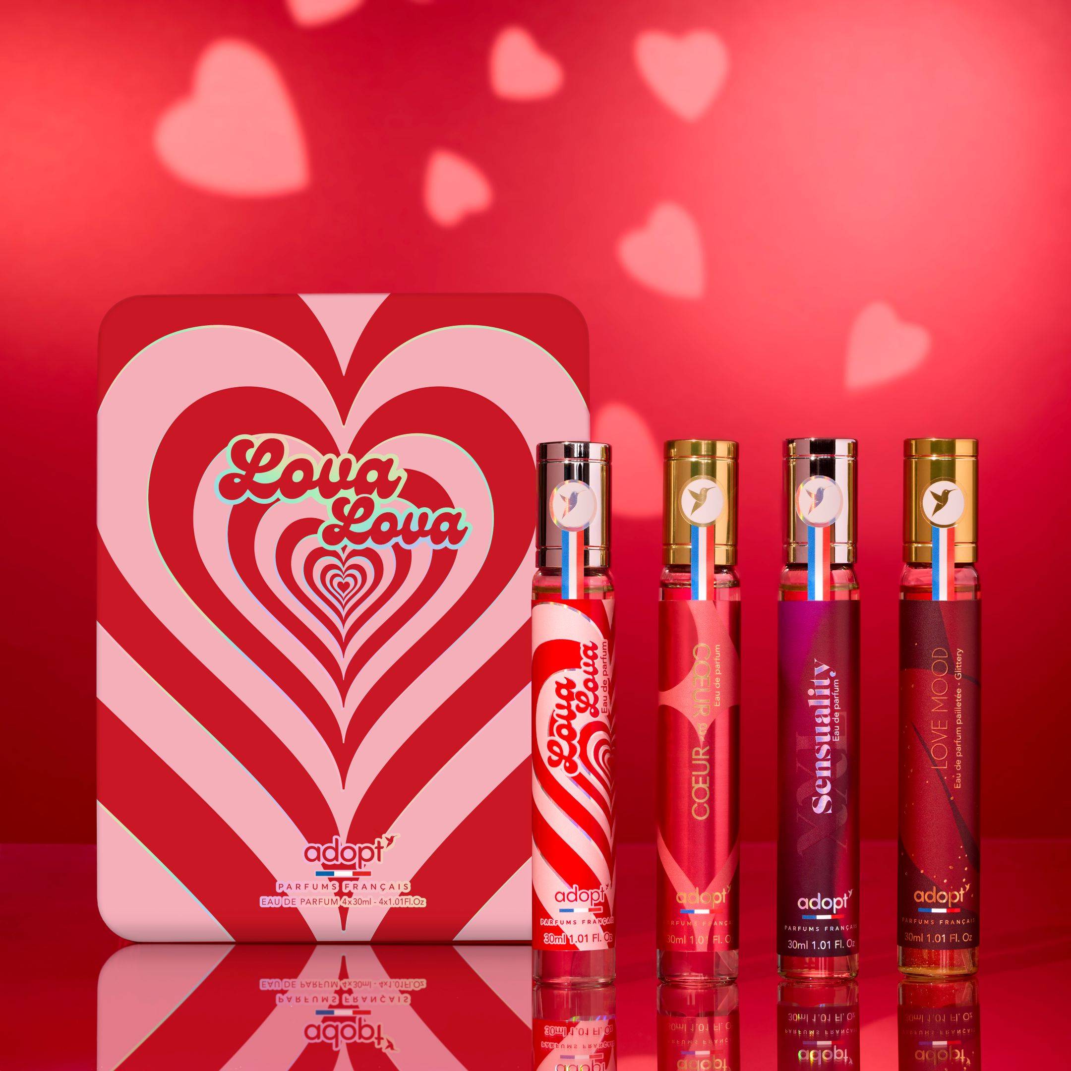 Lova LovaCoffret métal 4 eaux de parfum 30ml - Lova Lova   Cœur à Cœur   XXL Sensuality   Love Mood