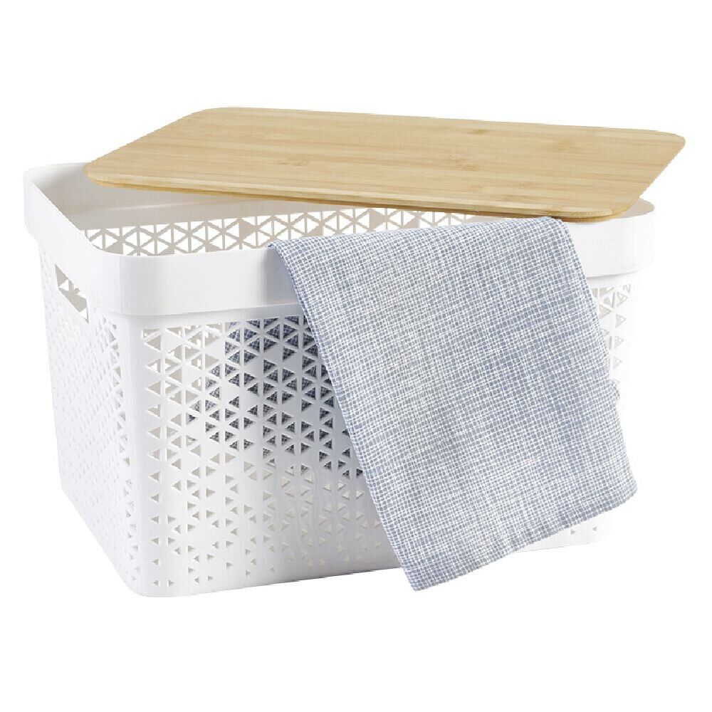 Panière de rangement blanche avec couvercle en bambou grand modèle