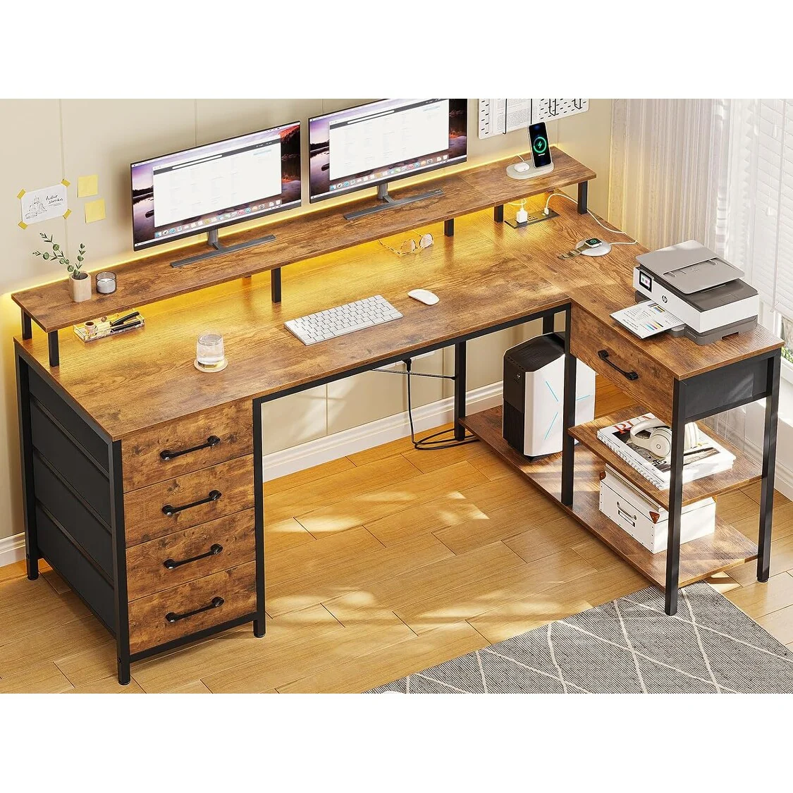 L Shaped Desk 5 Drawers L Shaped Gaming Desk LED Lights