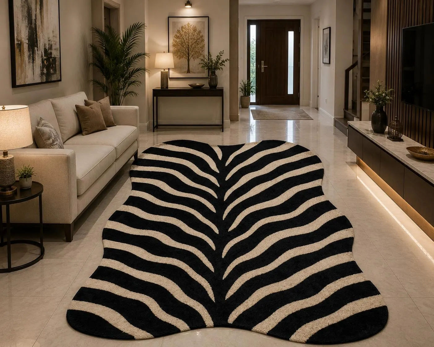 Black and Cream Zebra Print Rug, Modern Animal Print Area Rug, Abstract Wave Shape Carpet, Contemporary Living Room Rug, Handmade Home Decor