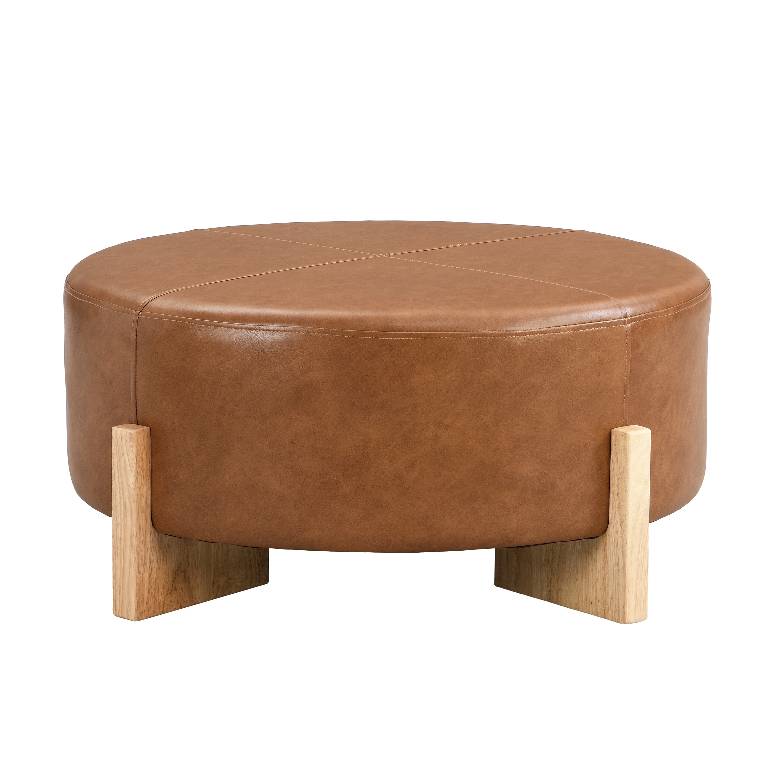Christopher Knight Home - 34 Round Tufted Upholstered Cocktail Ottoman, Leather Coffee Table with Solid Wood Legs