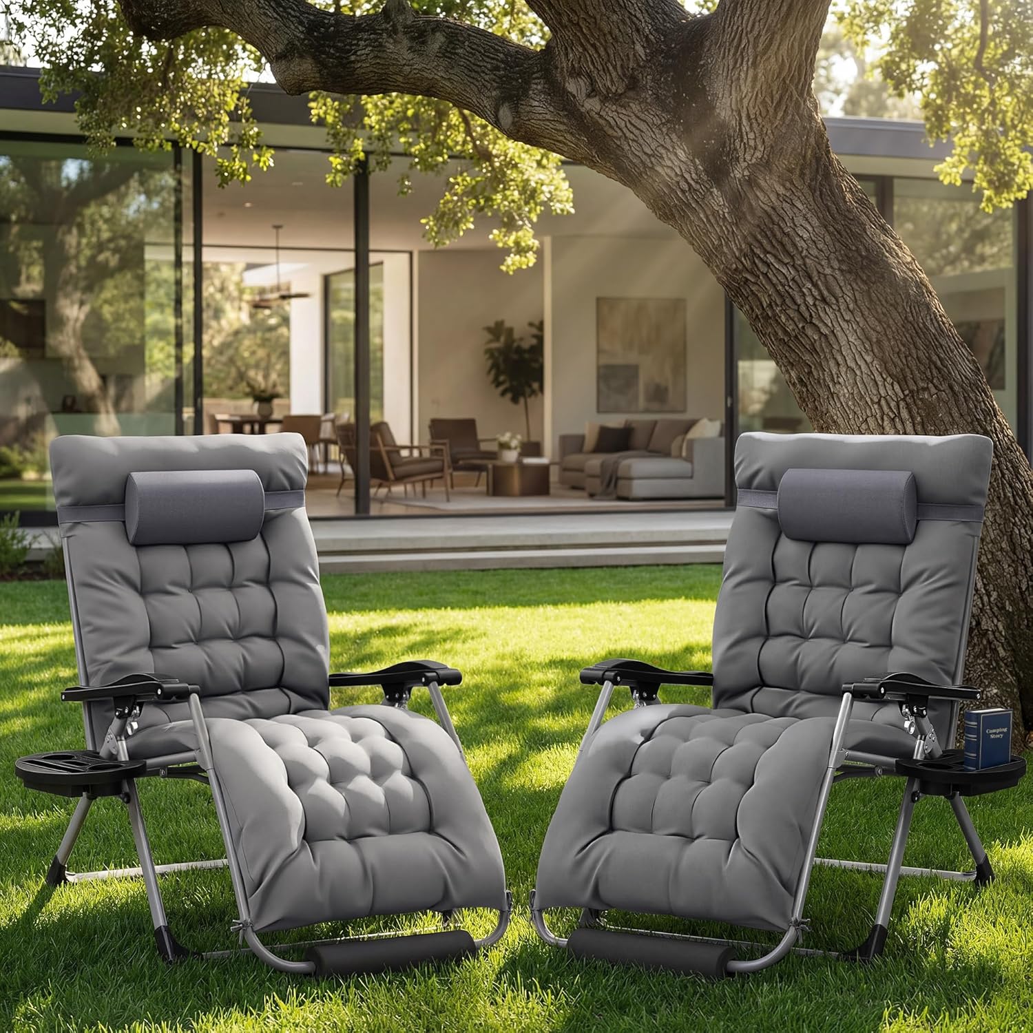 Homall Oversized Zero Gravity Chair, Set of 2 Recliner Lounge Chair with Removable Soft Cushion and Cup Holder, Adjustable Anti Gravity Chair Folding Patio Chairs Padded for Indoor and Outdoor (Gray)