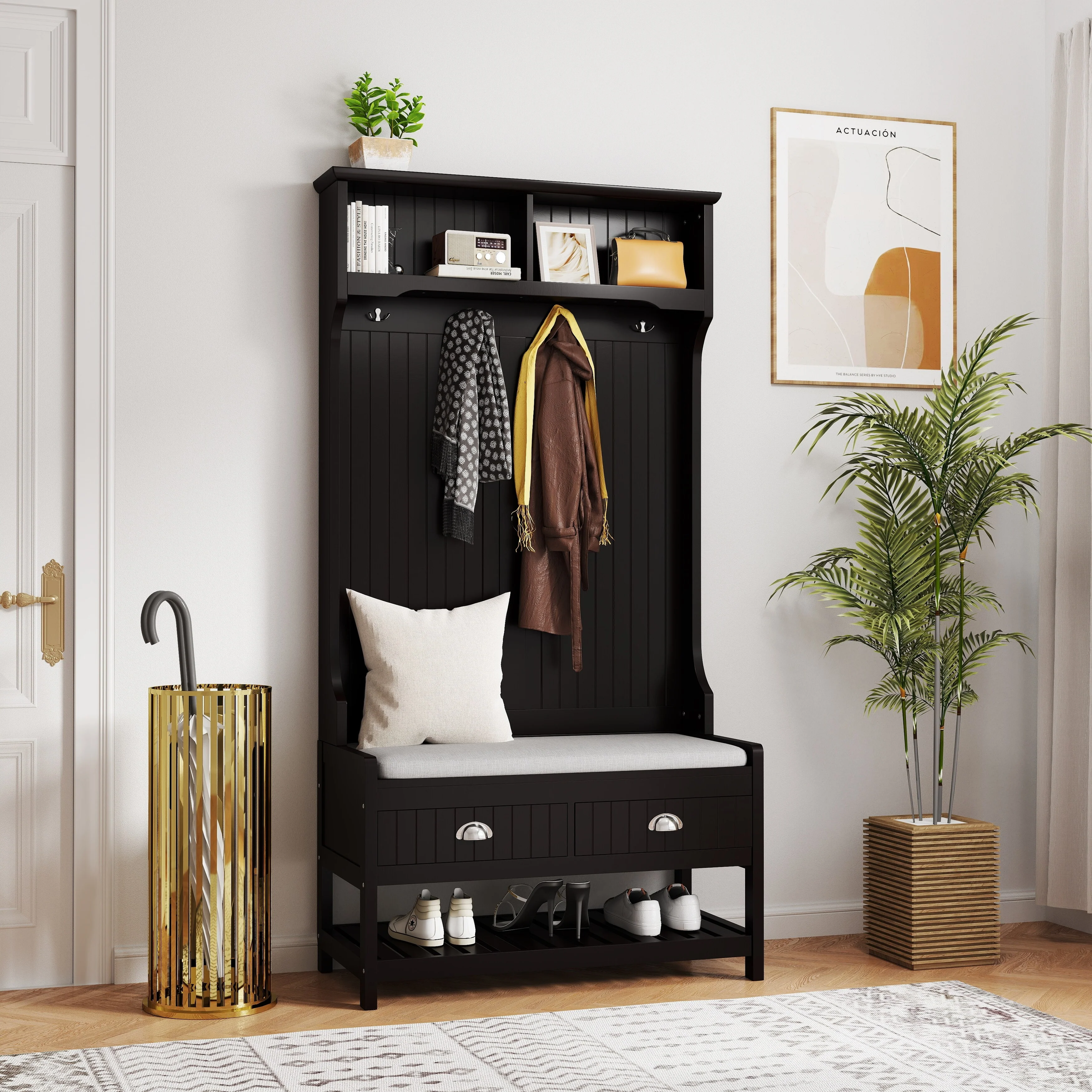 3-in-1 Hallway Hall Tree with 2 Storage Drawer and 4 Coat Rack,Shoe Rack Bench with Padded Seat Cushion,with Top Storage Shelf