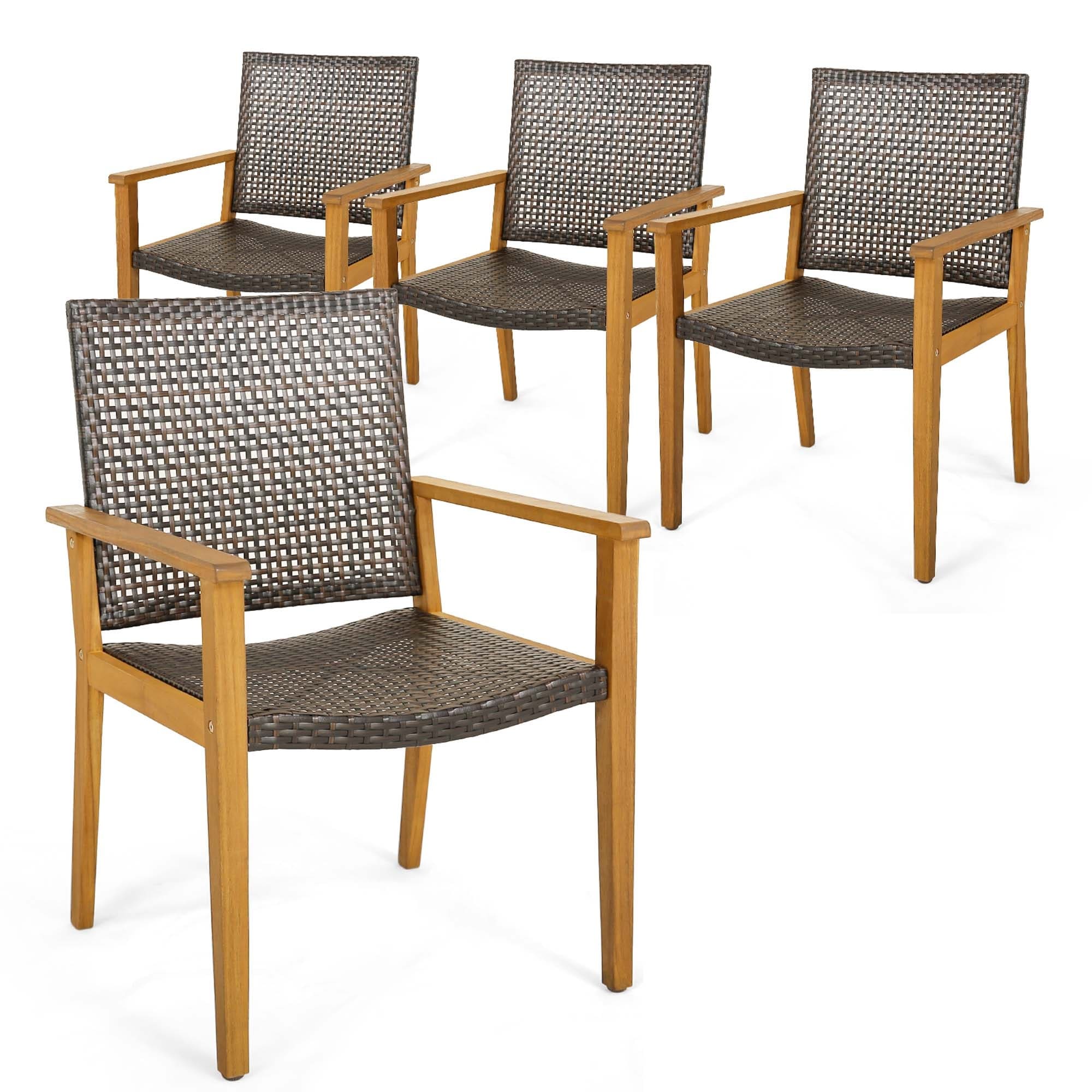 Set of 4 Outdoor Patio Dining Chairs Acacia Wood Rattan Armchairs