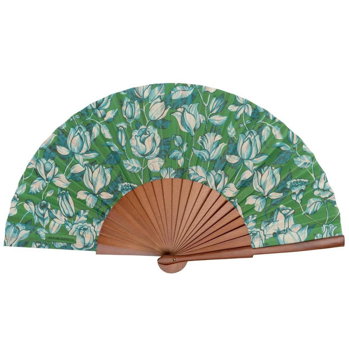 - Éventail en bois de merisier et coton imprimé fleuri vert