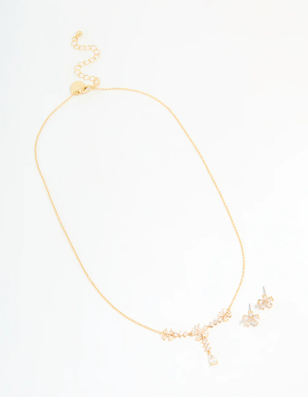 Gold Plated Cubic Zirconia Flower Drop Necklace & Earrings Set