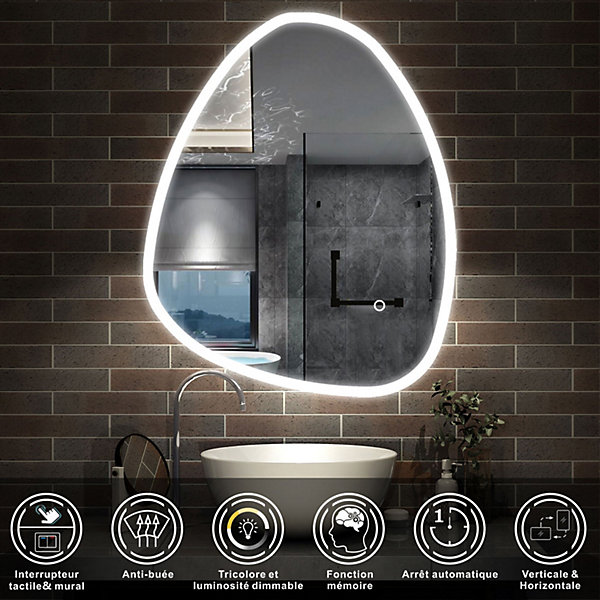 Miroir de salle de bain asymétrique 80x65cm led Teardrop Mirror 3 Colours Dimmable   Anti-buée   Mémoire, AICA SANITAIRE
