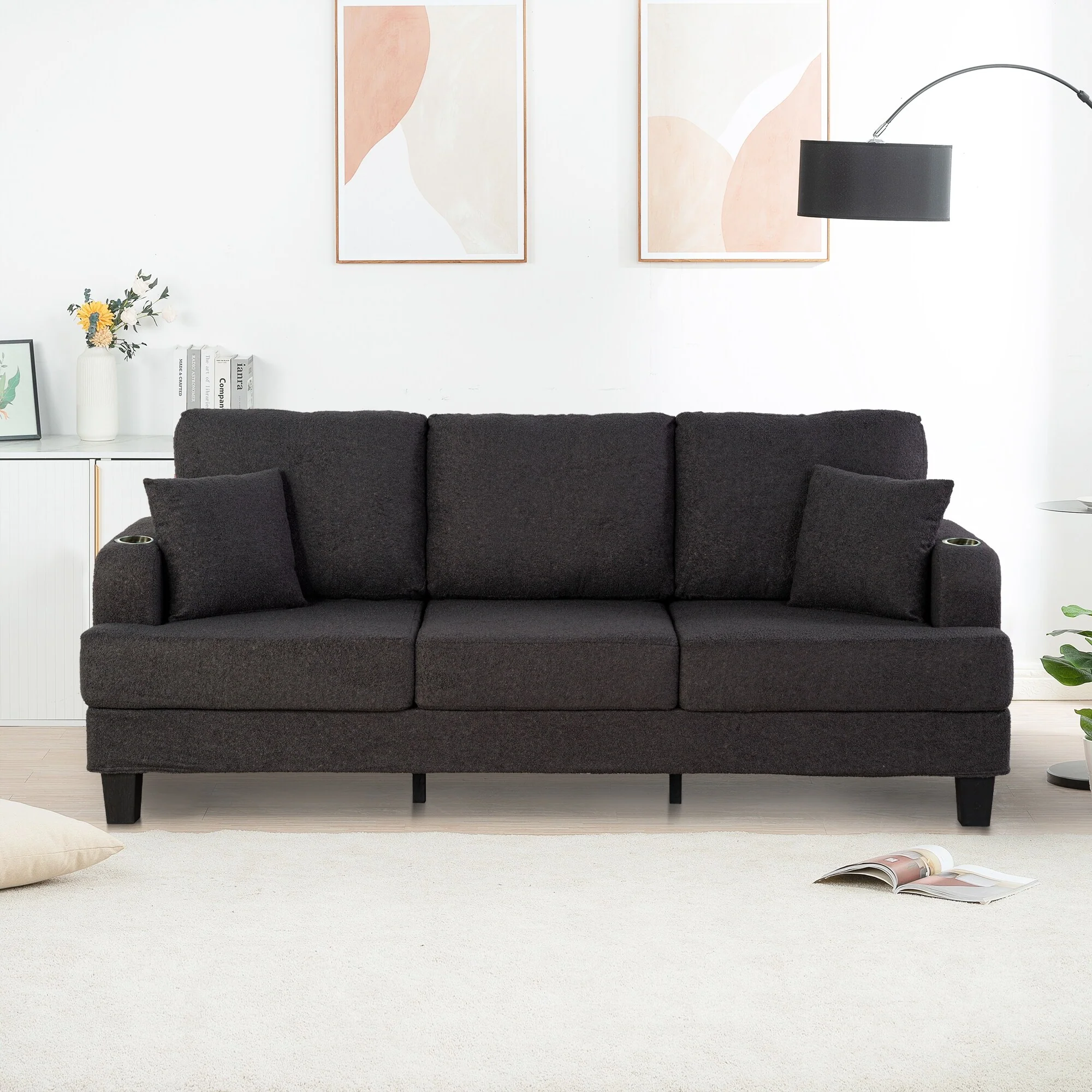 Modern Black Fabric USB Sofa with 2 Cup Holder and 2 Pillows