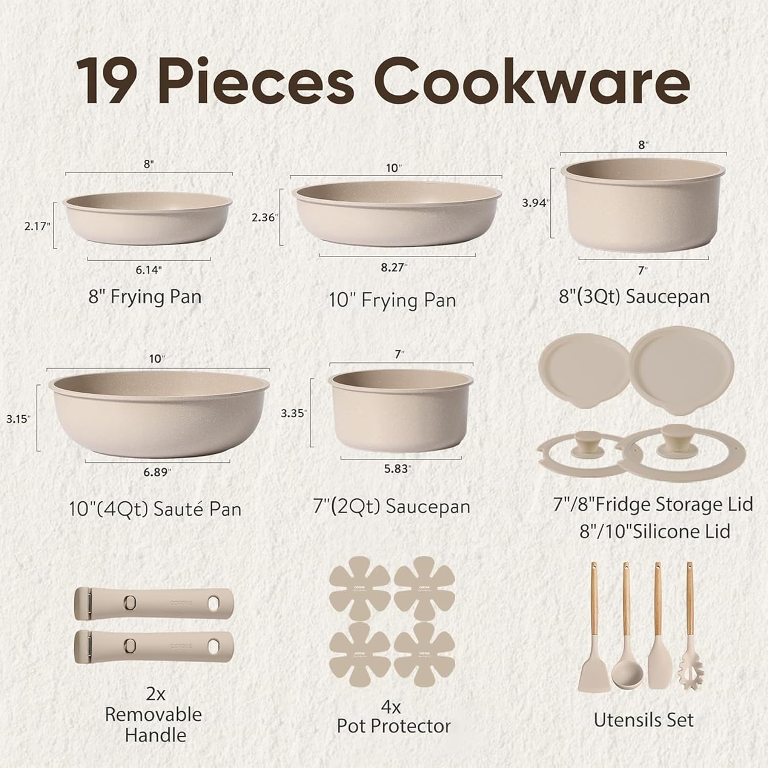 CAROTE 19pcs Pots and Pans Set Non Stick, Nonstick Cookware Set Detachable Handle, Induction Kitchen Cooking Sets with Removable Handle, RV Kitchen, Oven Safe, Taupe