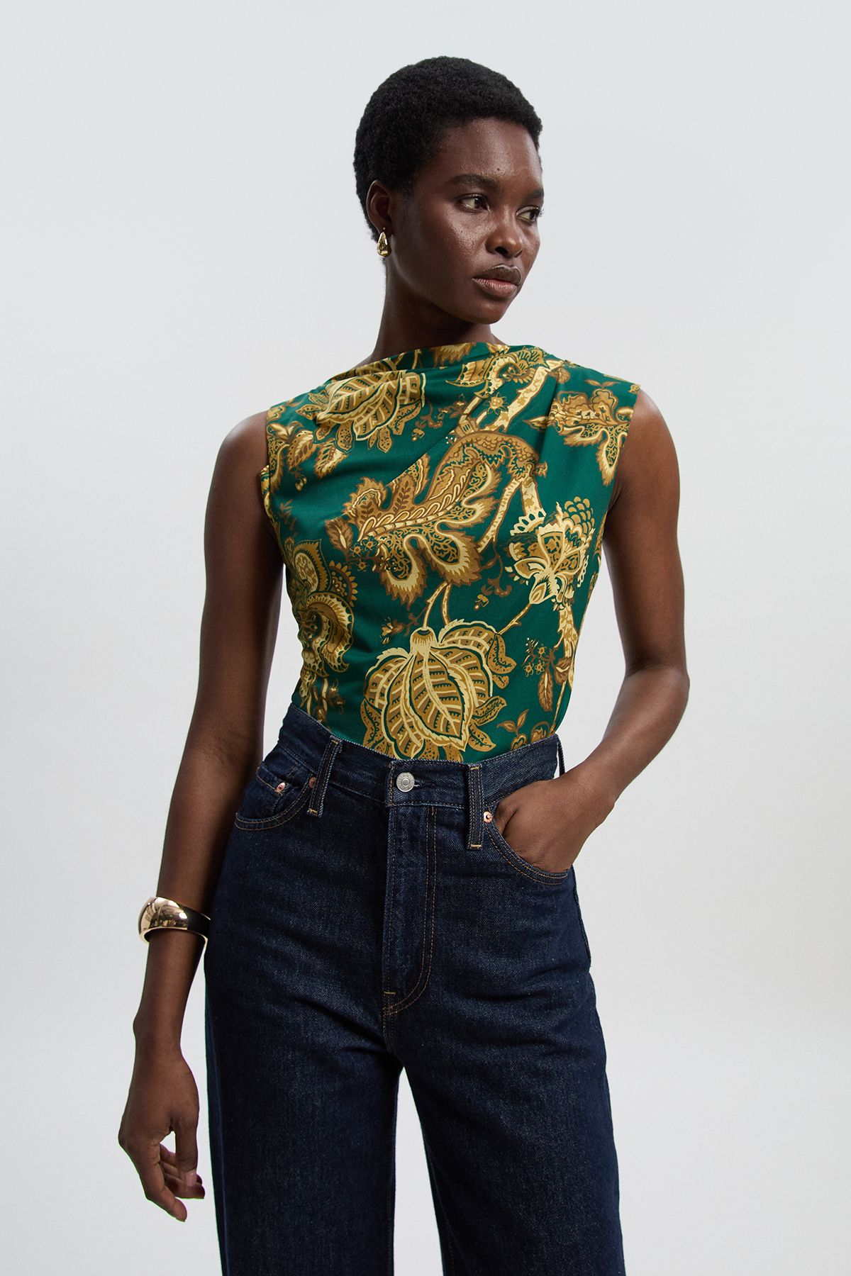 KarenMillen Paisley Print Crepe Asymmetric Neck Sleeveless Top