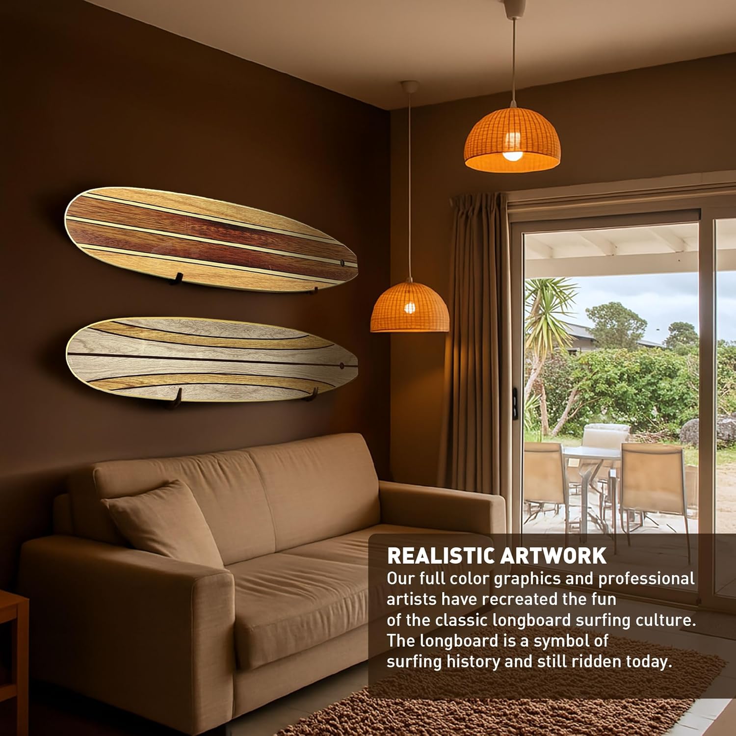 Surfboard Longboard Wall Decoration Décor - Hangs Vertical or Horizontal – Glossy Surface Like a Real Surfboard – Beach House, Coastal Living, Tropical Beach Theme – 66 inches Long