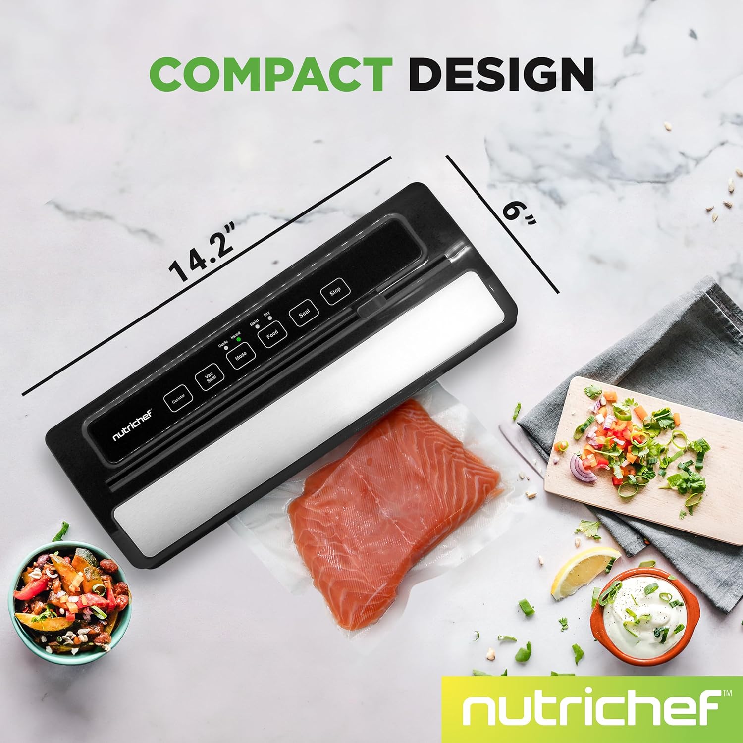 NutriChef Vacuum Sealer for Food - Automatic Electric Air Sealing Preserver System with Gentle and Normal Modes, Roll Cutter, Reusable Bags, Meal Prep Storage, Suitable for Dry/Moist Foods