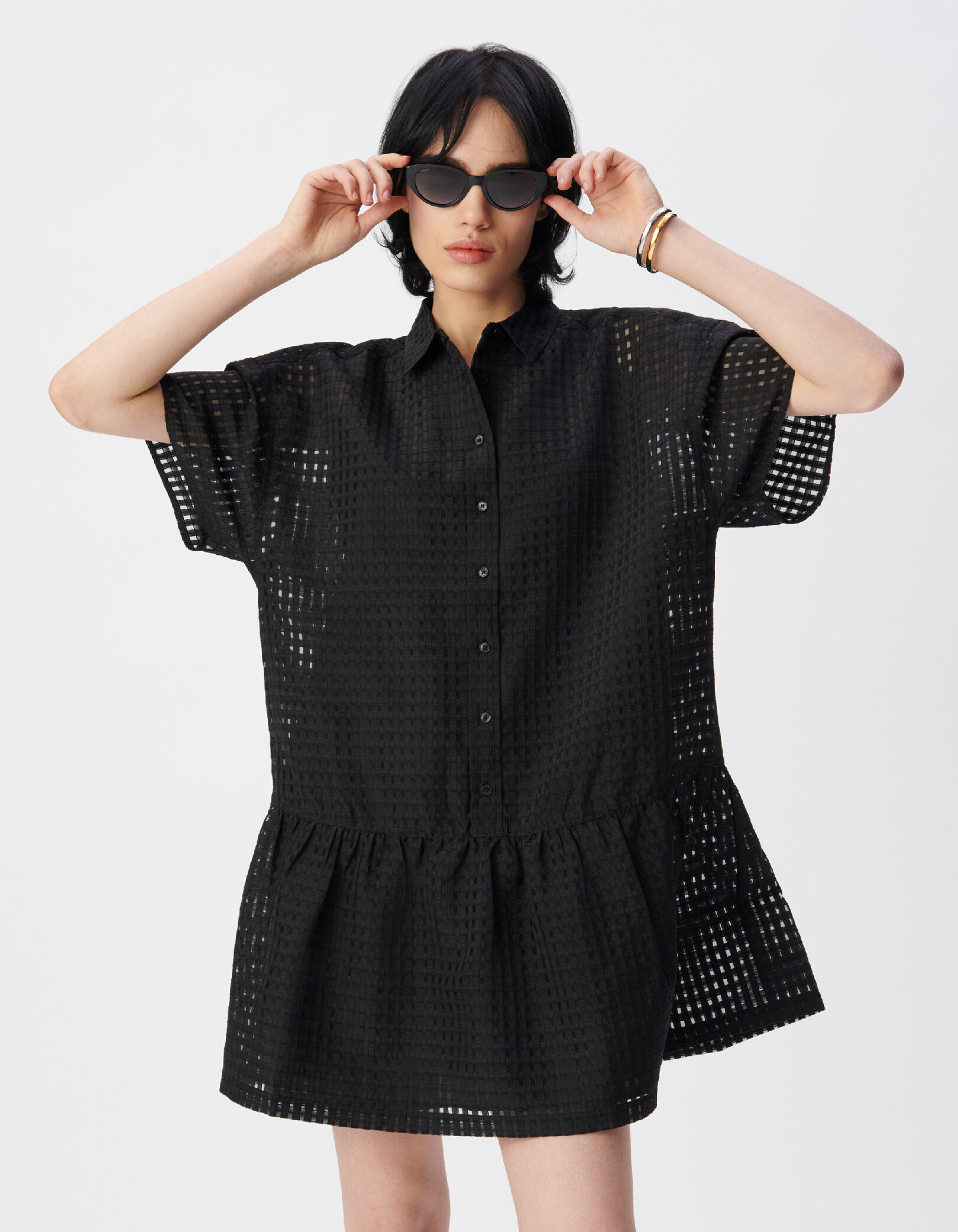 Robe noire motif carreaux ajourés Femme