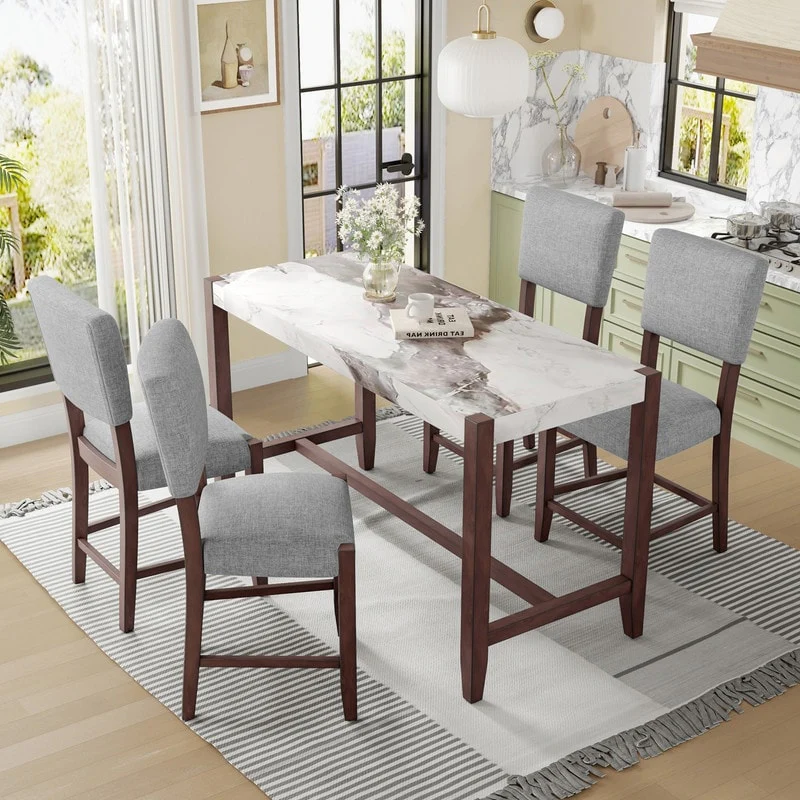 Modern 5-Piece Counter Height Dining Table Set, Faux Marble Bar Table and 4 Upholstered-Seat Chairs