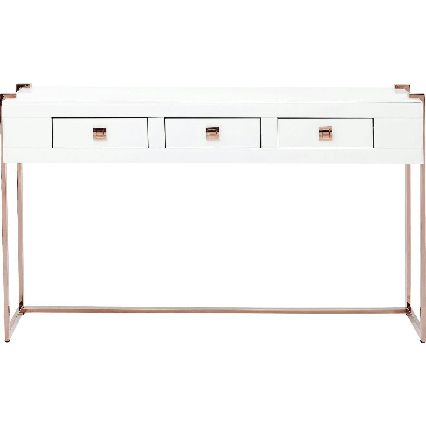 ELITE - Console blanche 3 tiroirs en verre et acier or rose