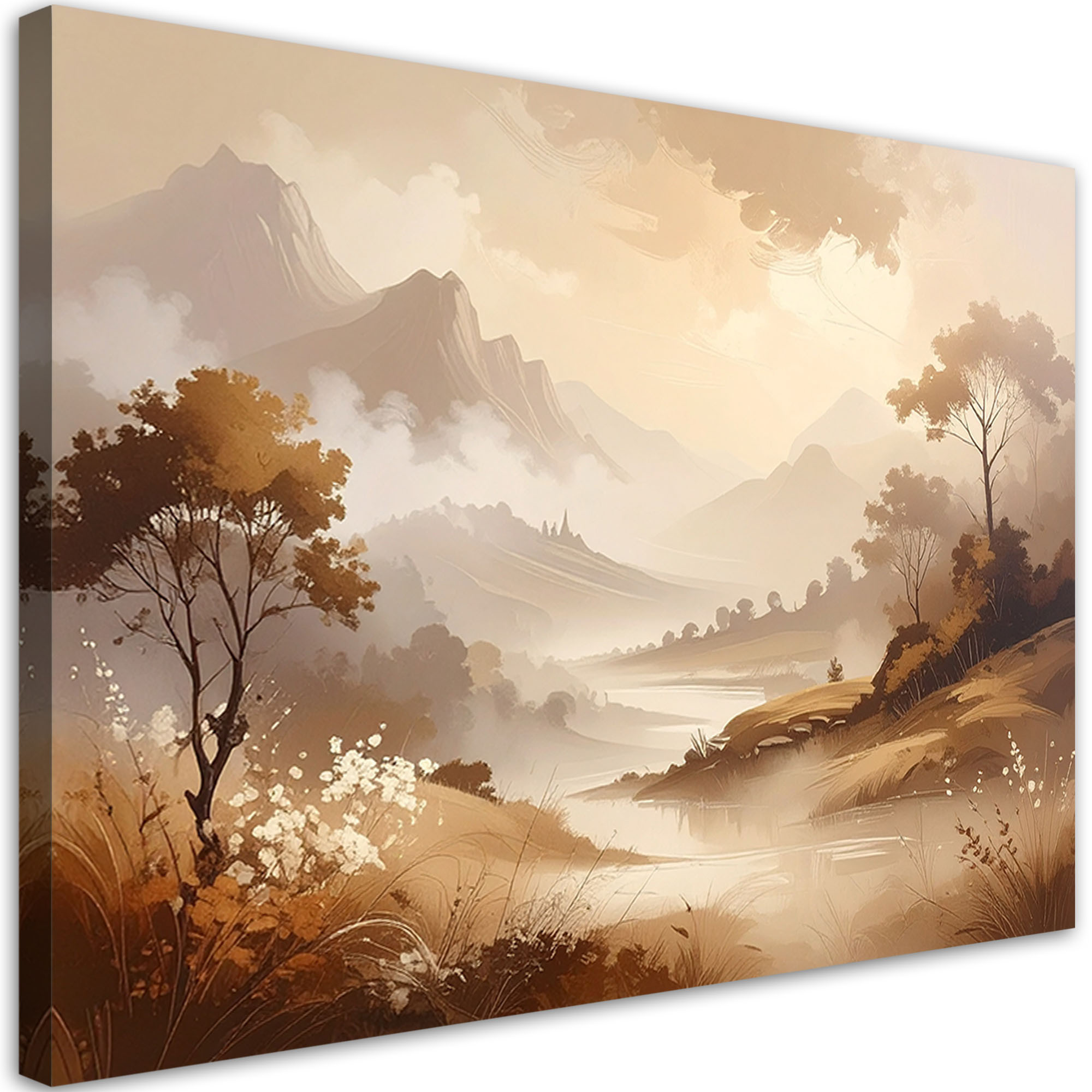 Obraz do salonu sypialni, Pastelowy Pejzaż Gór i Drzew Krajobraz 30x20