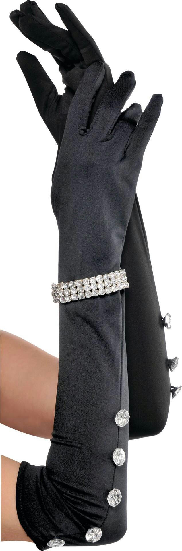 Adult 1920s Elbow Long Gloves with Rhinestone Bracelet, Black, One Size, Wearable Costume Accessory for Halloween