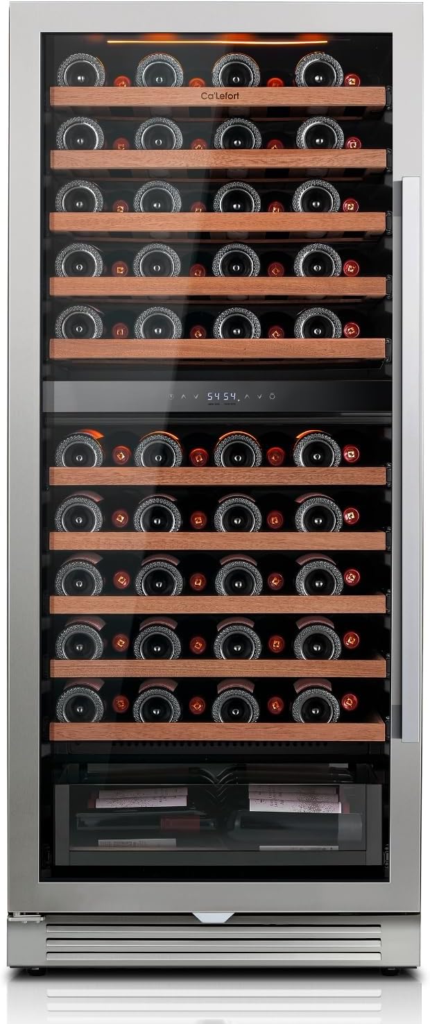 Ca'Lefort Wine Fridge Dual Zone  90 Bottle 24 Inch Wine Cooler Refrigerator  40-65°F Refrigerator with Glass Door  3 LED Built-in/Freestanding Fridge for Bar/Kitchen/Resterant (Left-Hinged)