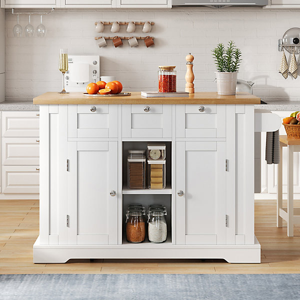 Îlot de Cuisine Mobile avec Table Pliante et Prise Intégrée, desserte avec Tiroir et étagères - Blanc - 132x40-70x87 cm