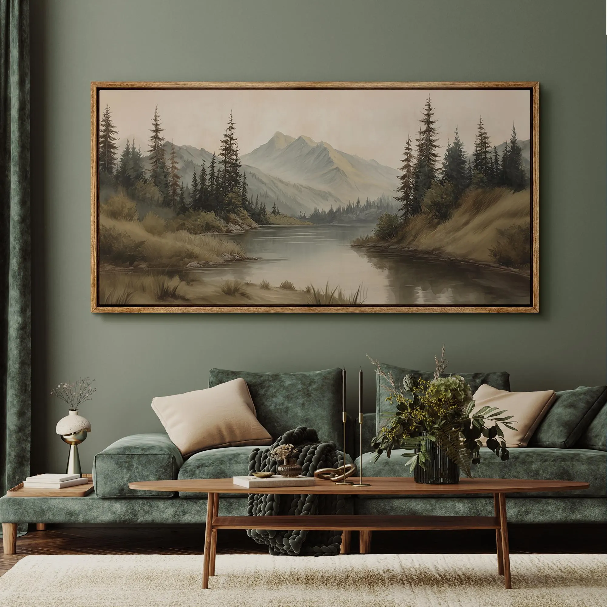 Large Framed Vintage Mountain Landscape Wall Art, Calm Lake Pine Tree Forest Canvas Print, Rustic Nature Decor for Living Room