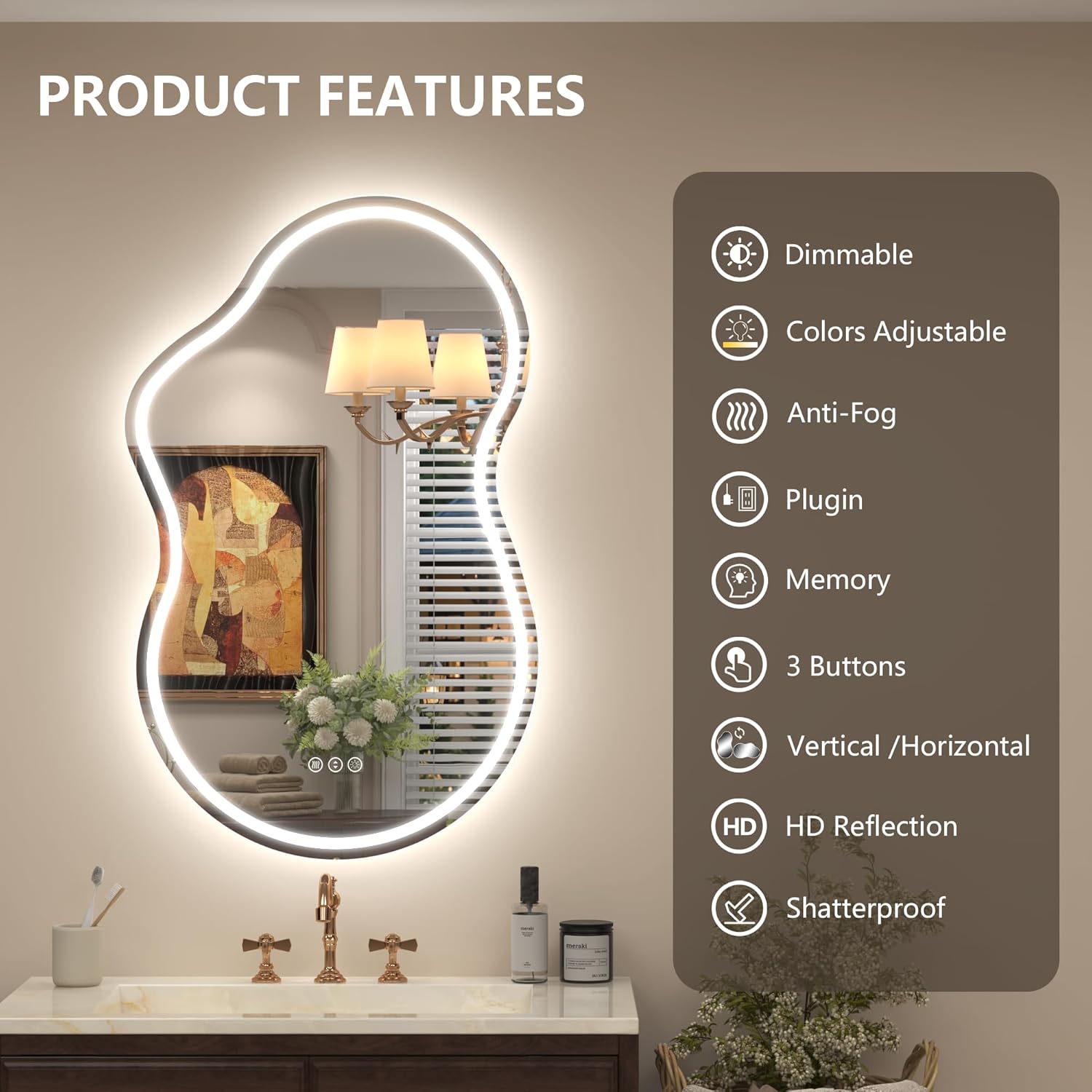 40x24 Inch Irregular Cloud LED Bathroom Mirror, Asymmetrical Backlit Bathroom Vanity Mirror, Anti-Fog, Dimmable, 3 Colors, Memory (Horizontal/Vertical)