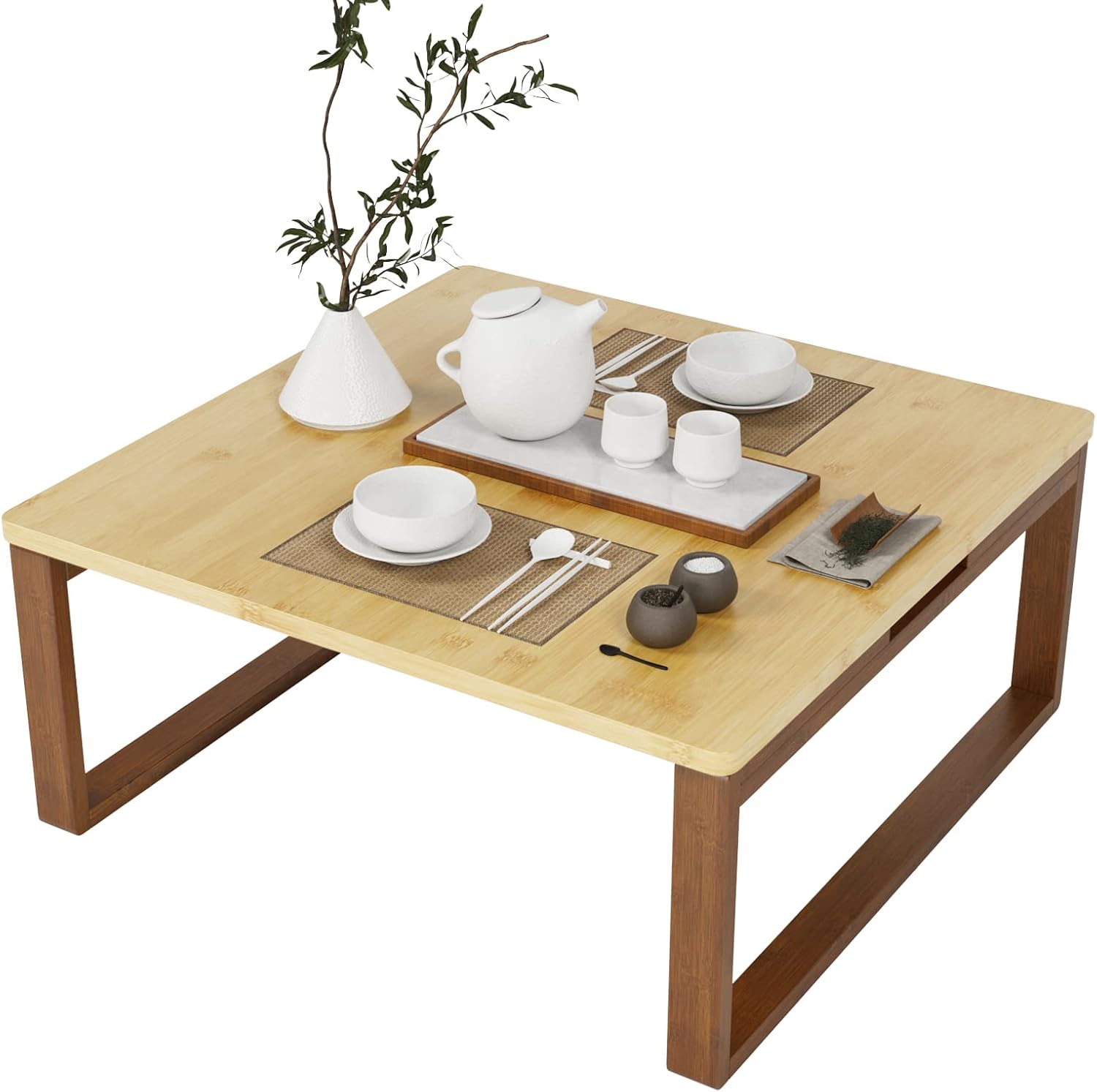 soges Small Foldable Coffee Table, Wooden Low Table for Sitting on The Floor, Bamboo Floor Desk, Japanese Dining Table, Tatami Table for Living Room Bedroom, 60HSLZCT03BB