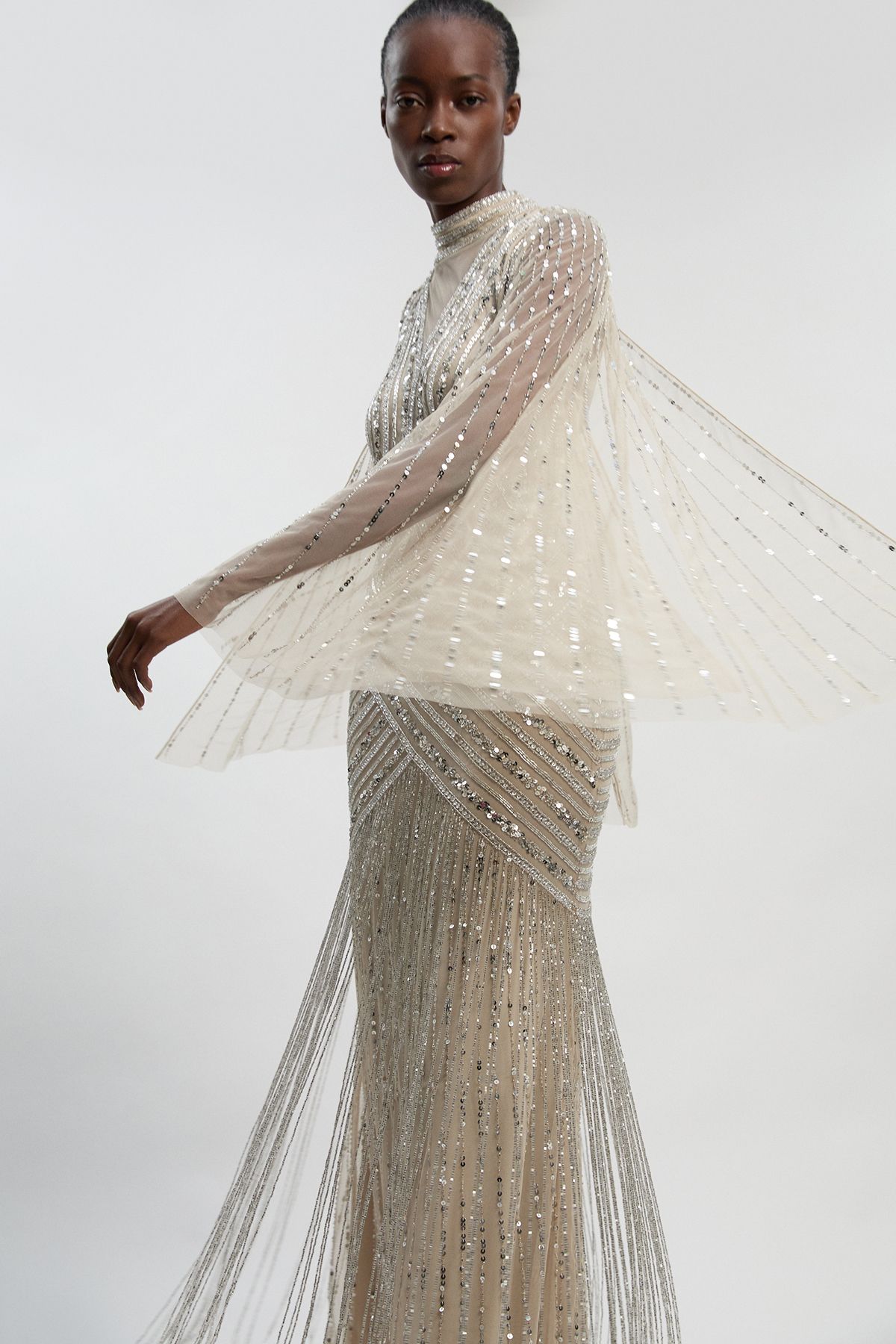 KarenMillen Petite Embellished Woven Maxi Dress With Cape Sleeve