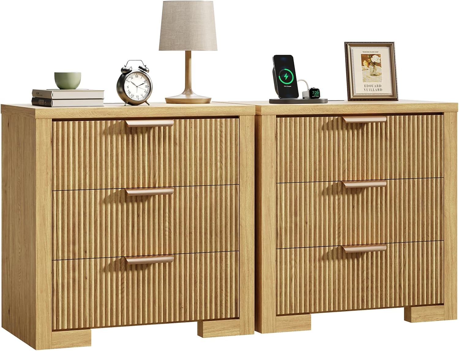 Fluted Nightstand Set of 2 with Charging Station, 23.6 Night Stand with 3 Drawers,End Table with Storage, Bed Side Table for Bedroom,Modern Nightstand for Living Room, Natural Oak