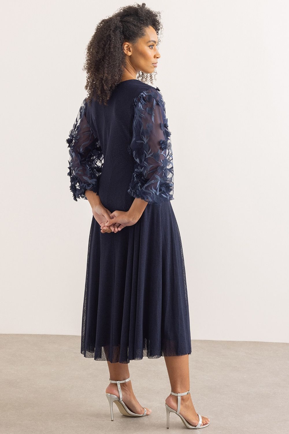 Klass. Floral Applique Puff Sleeve Midaxi Mesh Dress
