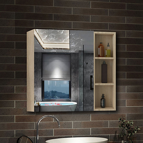 Armoire de Toilette Mural avec Miroir Niches Intégrées et Rangement Fermé - Moderne,Chêne, 80x70 cm, AICA Sanitaire