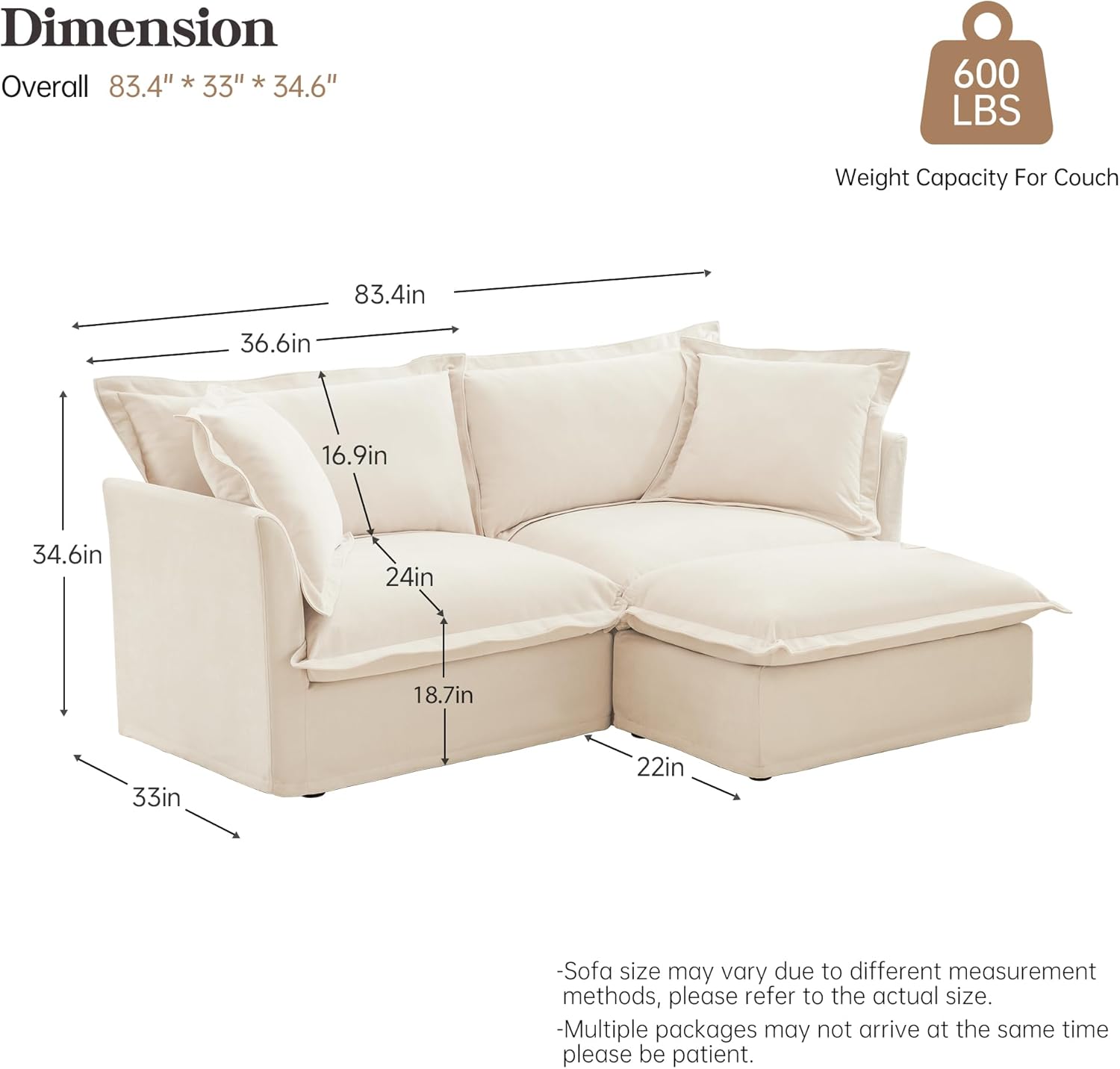 83.4 Modular Sectional Sofa Slipcovered, Oversized L-Shaped Cloud Couch with Removable Covers, 2-Seater Sofa Couch with 1 Movable Ottoman, Spacious Living Room Furniture (Cream,Chenille)