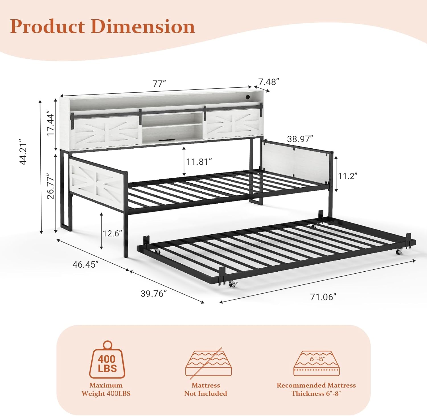 Twin Daybed with Trundle Bed, Rustic Farmhouse Daybed Frame with Sliding Barn Door Headboard LED Lights and Charging Station, Heavy Duty Metal Daybed for Guest Room Living Room Bedroom White