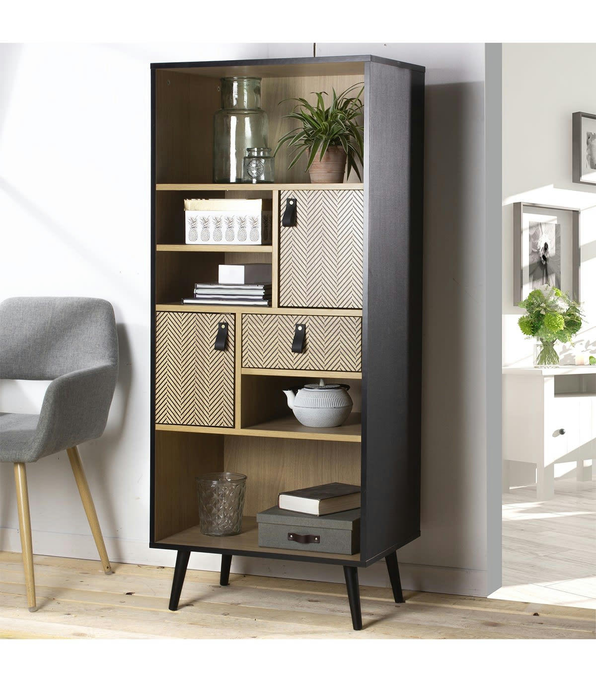 CHELSEA - Bibliothèque 2 portes avec motif chevron H140cm - marron