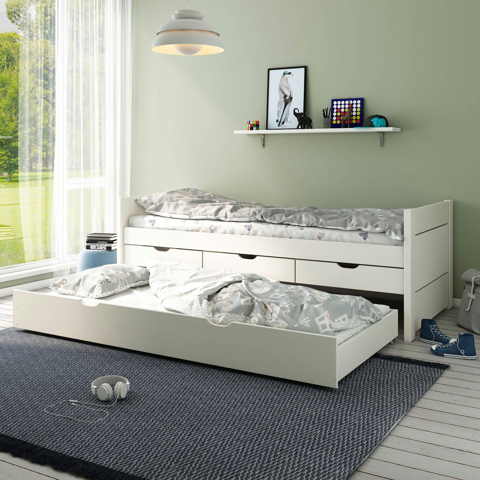 TOM - Lit gigogne avec tiroirs en Bois Massif  90x200 cm blanc