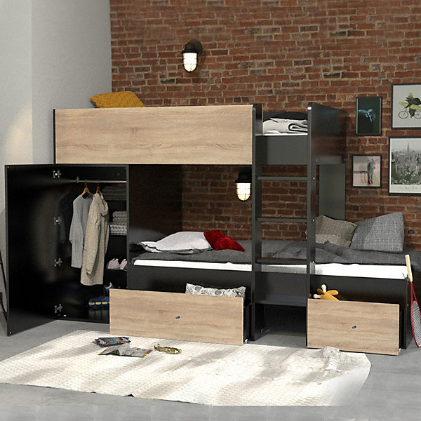 Lit superposé 90x190 avec armoire et tiroirs TWEEL Noir et chêne incl. 2 sommiers