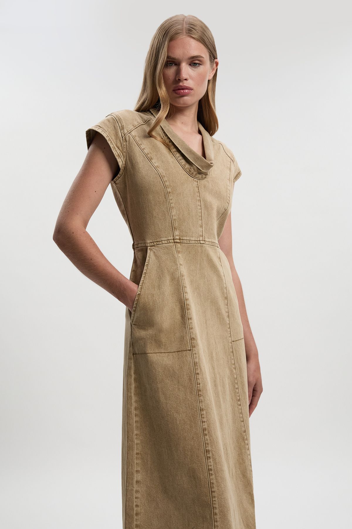 KarenMillen Denim Cowl Neck Midi Dress