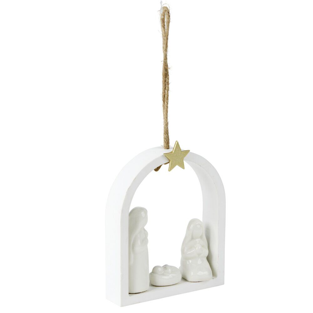 Scène nativité suspension crèche de No&euml;l polyrésine blanche H14cm