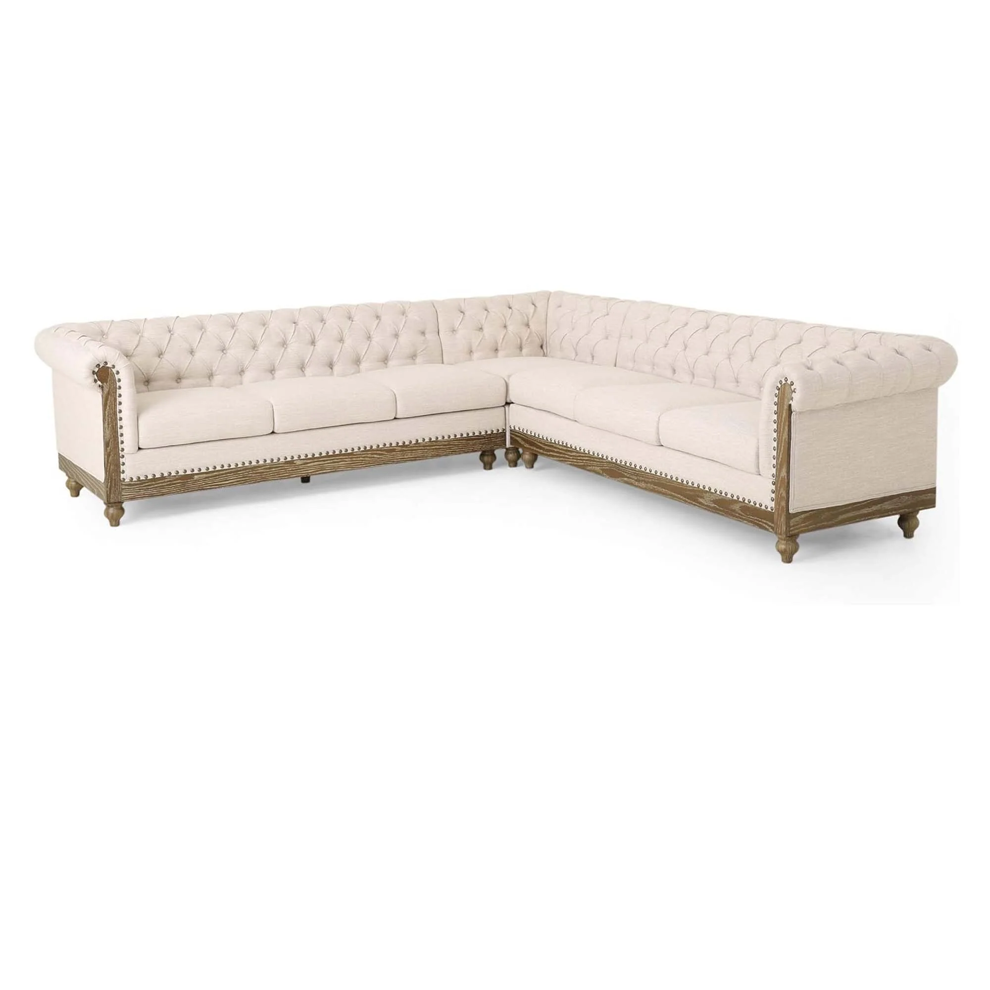 Classic Corner Sectional Sofa with Tufted Back and Rivet Trim and Plush Upholstery for Living Room or Guest Room