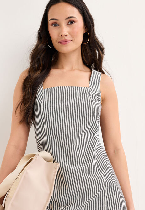 Womens Grey Stripe Linen Blend Square Neck Dress