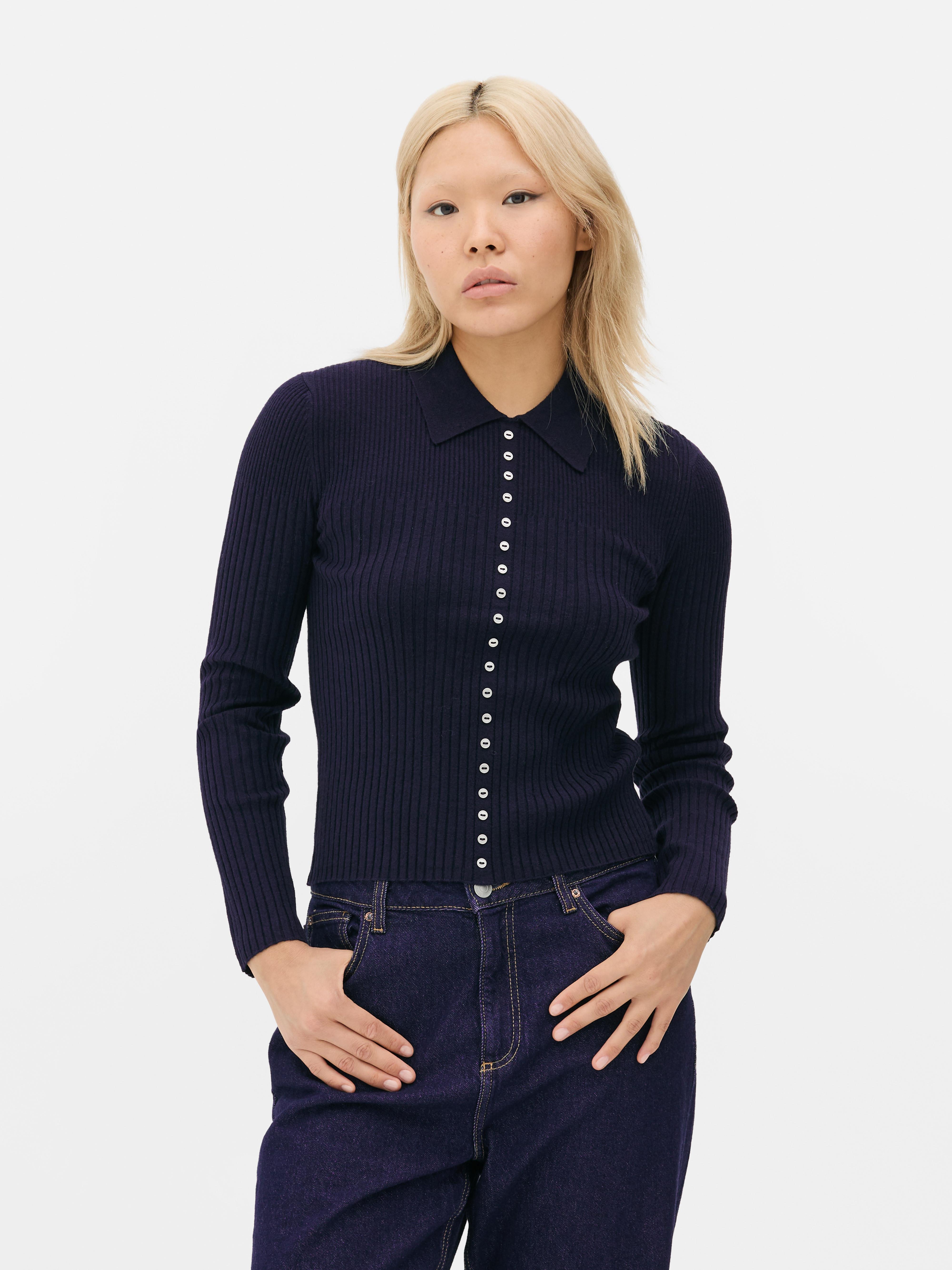 Button-Up Ribbed Cardigan With Collar