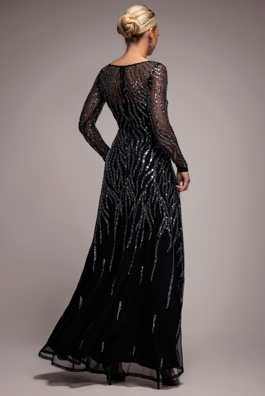 Goddiva Ombre Sequin Beaded Flared Long Sleeve Maxi Dress