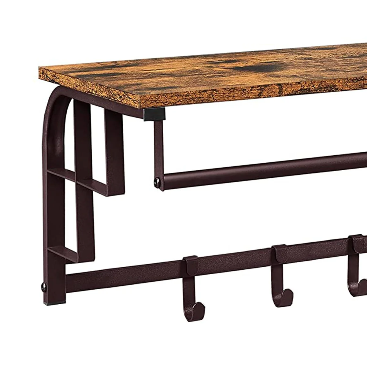 31 Inch Wall Mount Coat Rack, Wood, Metal, 1 Rod, 5 Hooks, Brown, Black